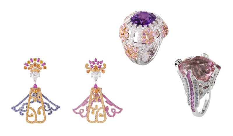 Opéra earring 耳環白K金,梯形與梨形鑽石,剛玉,黃K金, 粉紅剛玉,黃色剛玉。Lathyrus 戒指12.88克拉枕形紫紅色剛玉,白K金,玫瑰金,圓形鑽石,粉紅鑽石。California戒指27.41克拉碧璽,鑽石與剛玉。