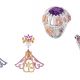 Opéra earring 耳環白K金,梯形與梨形鑽石,剛玉,黃K金, 粉紅剛玉,黃色剛玉。Lathyrus 戒指12.88克拉枕形紫紅色剛玉,白K金,玫瑰金,圓形鑽石,粉紅鑽石。California戒指27.41克拉碧璽,鑽石與剛玉。