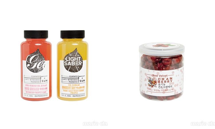 少女時代 vivid shower & EXO innocent day 排毒果汁,是SM和引起風潮的Mercy Juice聯手合作的商品。Red velvet有機蔓越莓乾,可以加在麥片或沙拉裡享用。小瓶包裝取用更為方便。