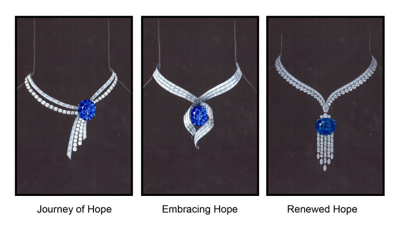 「The Hope Diamond 希望之鑽」45.52克拉的藍鑽,出產於17世紀的印度,原石112克拉。最早供奉在印度神像上,傳聞後來被一位法國冒險家偷走且運至法國。幾年後獻給國王路易十四,再由路易十六繼承,並將其切磨成67.5克拉,贈與瑪麗王后,不久後兩人因大革命被送上斷頭台。1824年,由美國著名銀行家Henry Hope買下,並以自己的姓氏來命名。經多次易手,最後由Harry Winston在1949年購得,1958年捐給美國史密森尼學會(Smithsonian Institution)國家自然歷史博物館(National Museum of Natural History)。圖片是Harry Winston的設計稿件。