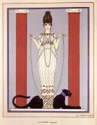 美洲豹圖騰的由來1914年,路易卡地亞(Louis Cartier, 1875-1942)向插畫家喬治巴比耶(George Barbier)訂製了一幅「美洲豹之女」(Lady of the Panther),用作品牌展覽邀請卡。這幅優雅的繪圖採用了Art Deco裝飾藝術晚期的風格,一位年輕女子身著保羅波瑞(Paul Poiret)設計的褶襉長袍,美洲豹則躺在她的腳邊作為背景的一部分。