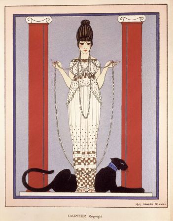 美洲豹圖騰的由來1914年,路易卡地亞(Louis Cartier, 1875-1942)向插畫家喬治巴比耶(George Barbier)訂製了一幅「美洲豹之女」(Lady of the Panther),用作品牌展覽邀請卡。這幅優雅的繪圖採用了Art Deco裝飾藝術晚期的風格,一位年輕女子身著保羅波瑞(Paul Poiret)設計的褶襉長袍,美洲豹則躺在她的腳邊作為背景的一部分。