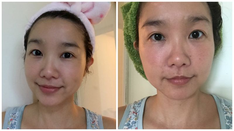 按摩敷臉後,原本一整天下來的浮腫疲累感(右臉),立刻恢復緊緻,線條感出來了(左臉)。