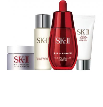 SK-II活膚修護組 (R.N.A超肌能緊緻彈力精萃30ml+全效活膚潔面乳20g+亮采化粧水30ml+超解析光感鑽白修護凝霜15g)特價 NT3,150,總價值NT5,589(56折)