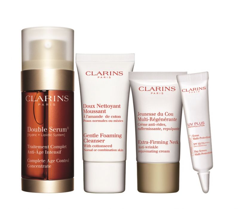 Clarins黃金雙激萃單瓶組(黃金雙激萃30ml+超性感美頸霜15ml+輕呼吸全效UV隔離露SPF50 PA++++透明色10ml+棉花籽潔顏泡泡30ml) 特價NT2,500,總價值NT4,313(71折)
