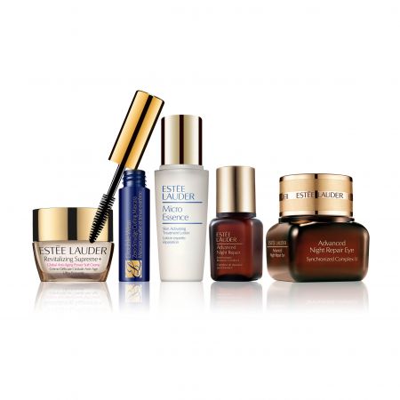 Estee Lauder DNA修護無敵電眼組(特潤超導眼部修護霜15ml(正貨)+特潤超導修護露7ml+微分子肌底原生露15ml+年輕肌密無敵霜7ml+無瑕妍彩持久睫毛膏(精巧版)+隨身巧妝包)優惠價NT3,600,原價NT4,777(75折)