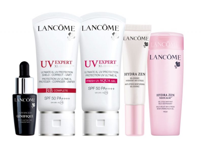 Lancome 超輕盈水感防護組【超輕盈柔白水感隔離露SPF50 PA++++ 30ml (正產品)+超輕盈柔白BB霜 SPF50 PA+++ 30ml (正產品)+超水妍舒緩保濕精華10ml+超水妍舒緩保濕凝露50ml+超進化肌因賦活露7ml】,NT3,400元