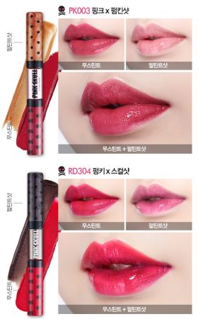 Etude House粉紅骷髏系列雙色唇彩試色。