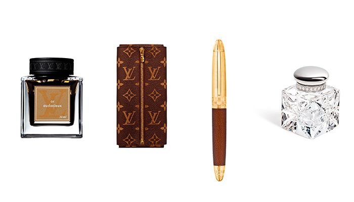 水晶墨水瓶、金色墨水、Monogram 筆袋、Sprit 滾珠筆,all by Louis Vuitton,NT42,000、NT1,700、NT15,300、NT36,000。