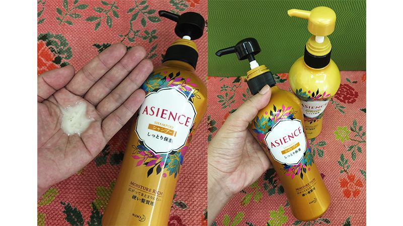 新ASIENCE金色系列的「水漾潤澤型」洗髮精,擠出來是淡淡乳白色,質感輕盈;潤髮乳也很清爽,沒有任何負擔。