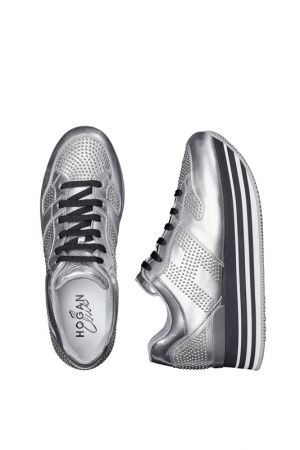 HOGAN H222銀色皮革飾金屬鉚釘繫帶休閒鞋_$32,200