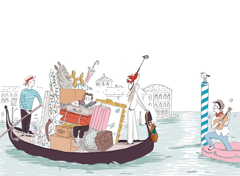 6_Venise 當然我們一定會前往威尼斯雙年展(Venice Biennale),Delvaux小姐喜歡輕裝簡行。行囊包括了我、四十種色調的口紅、護照、太陽眼鏡們,還有鑰匙、電話、討喜的鸚鵡、私人教練、和多雙備用拖鞋等...「以備不時之需嘛」她總是這樣說。