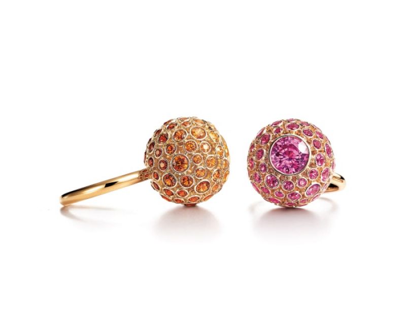 Tiffany 2016 Masterpieces 18K金鑲嵌黃色剛玉與錳鋁榴石戒指,18K玫瑰金鑲嵌粉紅剛玉戒指