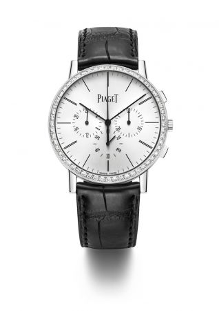 Piaget Altiplano 計時腕錶全球最纖薄手動上鍊飛返計時腕錶41 毫米18K白金錶殼鑲嵌56顆圓形美鑽(約重1.75克拉)飛返計時功能、小秒針及第二時區顯示搭載伯爵製883P超薄手動上鍊機芯鱷魚皮錶帶針扣式錶釦G0A40031台幣參考售價 1,400,000元