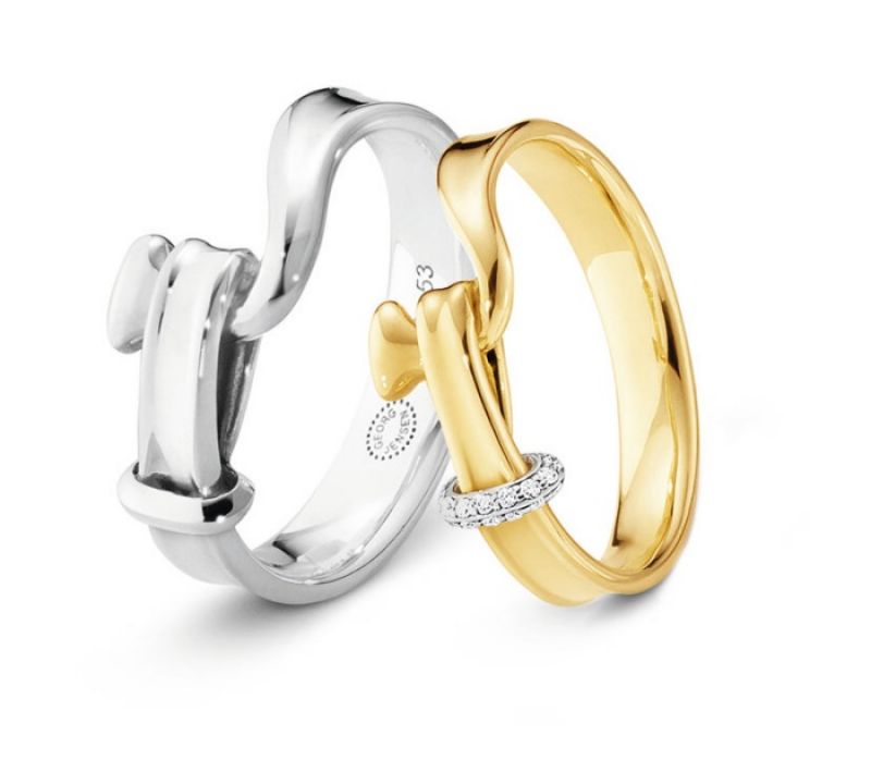 GEORG JENSEN TORUN 204 系列 (左)男士寬版純銀戒指 (右)黃K金鑲鑽戒指 NT$6,800-42,200