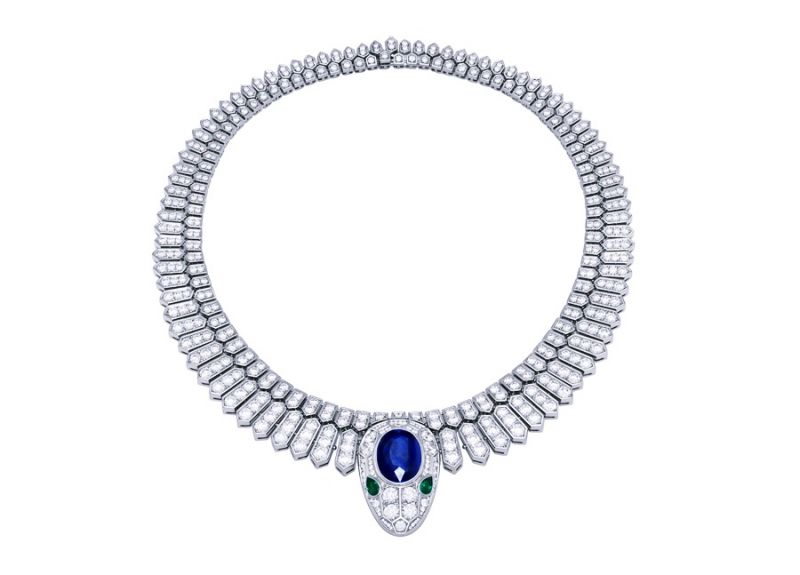 BVLGARI Mediterranean Eden 系列 Serpenti 頂級藍寶石與祖母綠鑲鑽鉑金項鍊(262169)