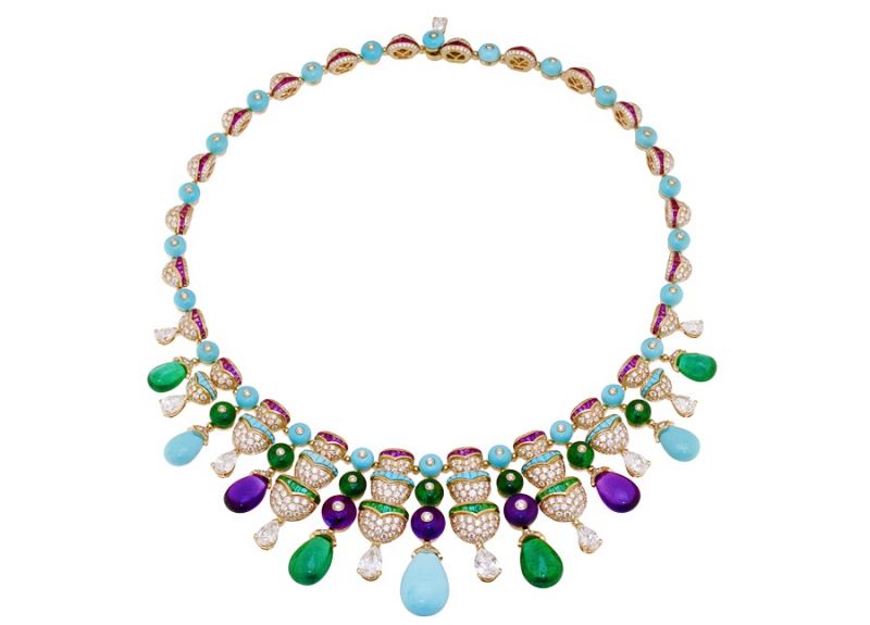 BVLGARI Italian Extravaganza 系列 頂級綠松石,祖母綠,與紫水晶鑲鑽玫瑰金項鍊(261831)