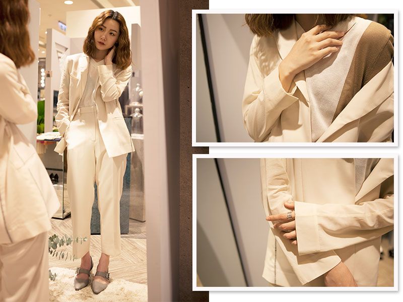 【LOOK 3】tone on tone俐落同色調必備單品:同色調西裝外套+上衣+煙管褲同色調的穿搭是許多時尚人士與明星們的造型最愛!FILTER運用20,000,000 fragments米白西裝外套,內搭JEAN GENIE & HUNGRY FREAKS , DADDY拼接色塊針織上衣,加上與西裝成套的米白煙管褲,再配上暖色調的灰色方釦粗跟鞋,穿出時髦優雅的俐落感。