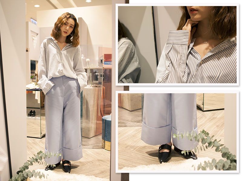 【LOOK 4】個性派不敗條紋必備單品:條紋襯衫+長褲+飾品條紋襯衫是每個人衣櫃中都該有的百搭單品!你可選擇像是版型較為寬鬆的ETHOSENS藍條紋襯衫,搭配熱門的1/2 UN-DEMI 淺藍寬褲,再搭上NULL LEE的鎖骨項鍊展現頸間性感線條,穿出不同以往的獨特與個性。