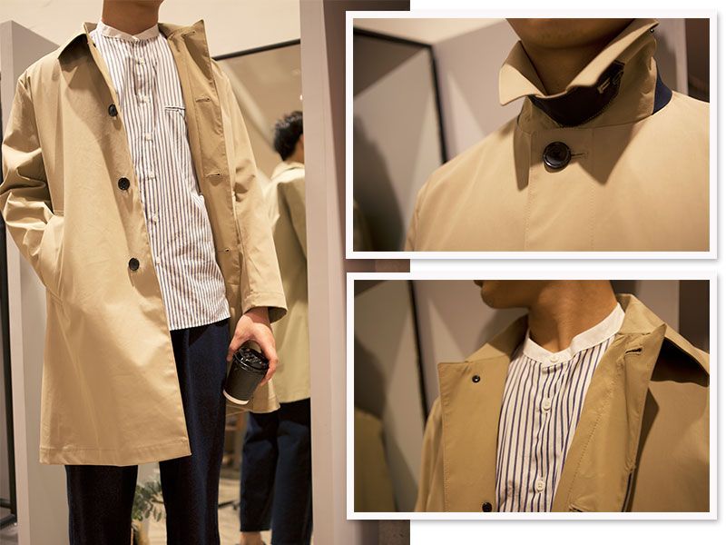 【LOOK 1】日系型男雨天必備必備單品:防潑水風衣外套+襯衫+牛仔褲針對台灣春雨綿綿變化多端的氣候,這時一件簡約有型的風衣便能讓造型加分不少!以來自日本的still by hand防潑水風衣外套搭配同品牌的藍白條紋亨利領襯衫,隨性搭上CURLY牛仔褲,簡單組合就能立刻出門。