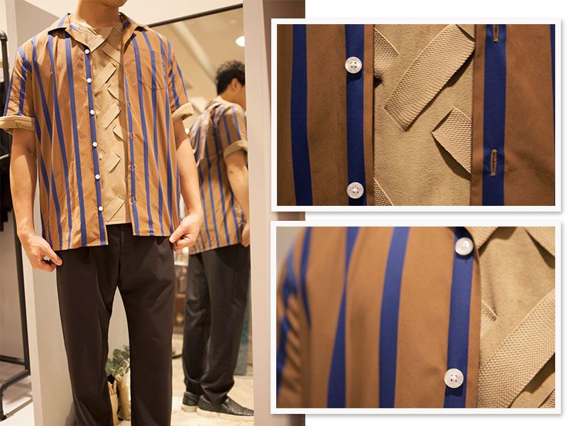 【LOOK 4】以搭疊玩出豐富層次必備單品:條紋襯衫+針織上衣+西裝褲經典的條紋襯衫是男人衣櫥裡的必備單品之一,FILTER以libertine條紋短袖襯衫內搭上ETHOSENS編織短袖上衣,讓條紋圖樣與內搭的上衣細節交織出令人玩味的視覺,再搭配上ETHOSENS羊毛西裝褲,輕易穿搭出正式也可休閒的日常造型。