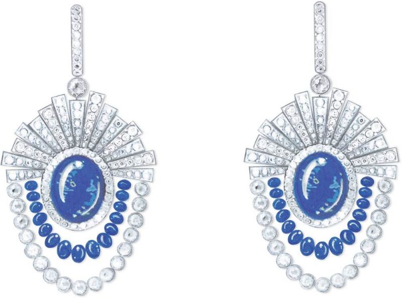 Piaget Sunlight Journey頂級珠寶系列Under The Opal Sea 主題耳環18K白金,各鑲嵌單顆來自澳洲橢圓凸面切割黑色蛋白石分別(約5.63 克拉)及 (約4.60 克拉)及藍寶石珠與美鑽