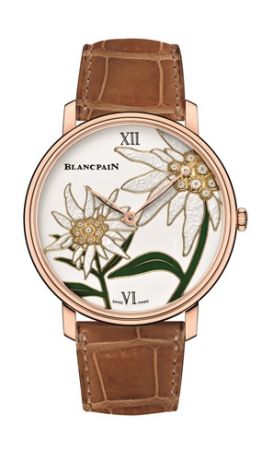 BLANCPAIN藝術大師系列- 雪絨花限量腕錶 (瑞士&奧地利國花/ 美麗與純潔的象徵)18K紅金材質錶殼,錶徑45毫米,18K黃金錶盤,鑲嵌20顆白鑽、與小白花圖騰鏨胎琺瑯,15B自動上鍊機芯,動力儲存40小時,藍寶石水晶底蓋,防水30米,搭配咖啡色鱷魚皮錶帶,