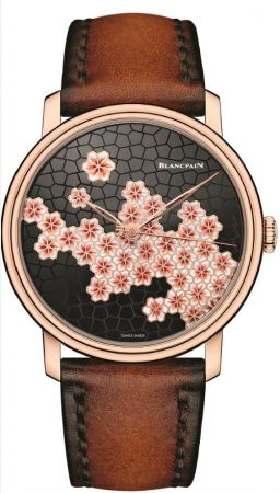 BLANCPAIN藝術大師系列•綻放的櫻花 限量腕錶18K紅金錶殼,錶徑42毫米,紅金鑲嵌黑瑪瑙錶盤,鏨胎琺瑯工藝,內填琺瑯工藝,微繪琺瑯工藝,鐳射切割工藝,13R3A型手動上鍊機芯,8日長動力儲存時、分指示,動力儲存顯示位於表橋位置防水30米,藍寶石水晶底蓋,搭配訂製小牛皮錶帶