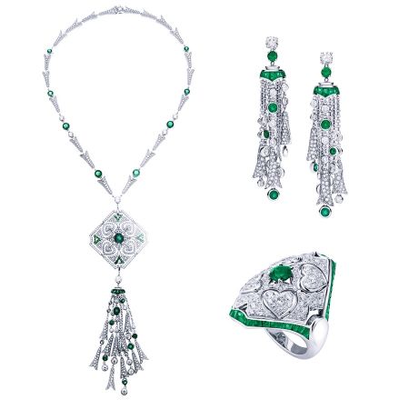 BVLGARI 義大利花園系列白金祖母綠鑽石項鍊(261625)耳環(261618)及戒指(261638)