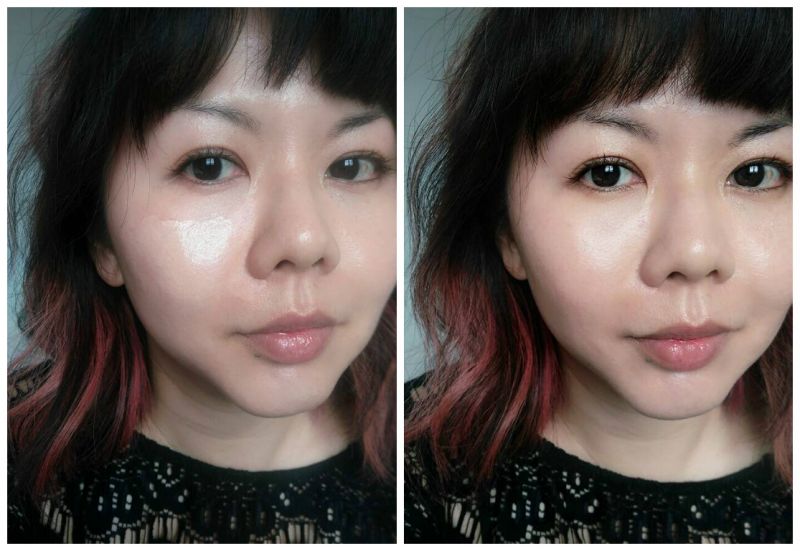 粉底液的妝效圖(三角打亮區示範,與粉底按壓後的妝效)