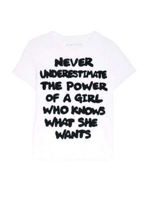 .OK第一款標語寫上「never underestimate the power of a girl who knows what she wants (不要低估一個有主見的女孩的力量)」,售價$5,500
