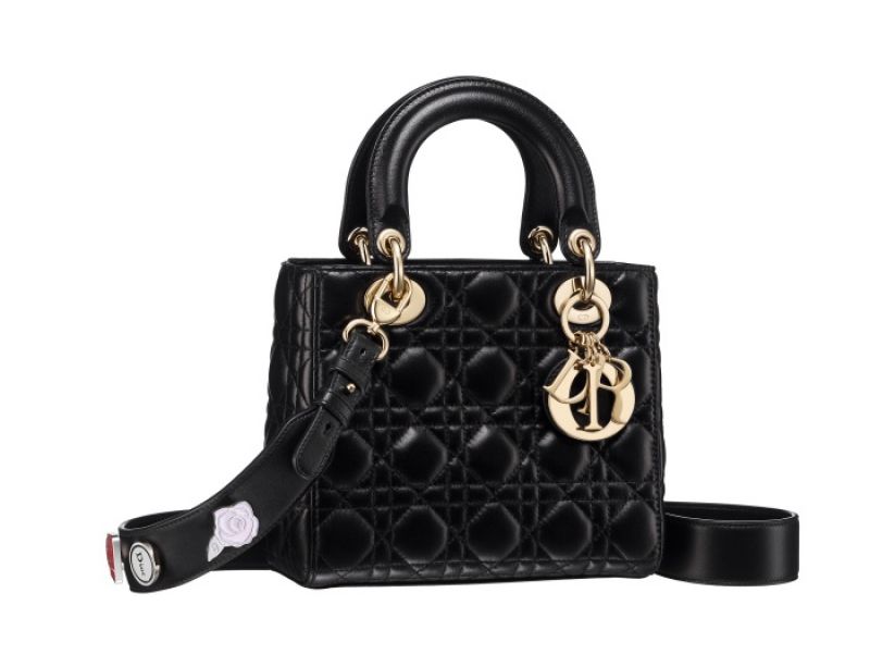 My Lady Dior 黑色籐格紋與幸運徽章背帶提包