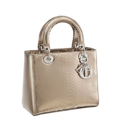 獨賣限定Lady Dior 金屬色蟒蛇紋提包中型款