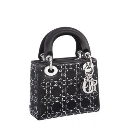 獨賣限定Mini Lady Dior 黑色籐格紋鑲水晶迷你款提包
