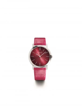 Piaget Altiplano 六十周年系列腕錶34毫米,18K白金錶殼粉紅色錶盤,金質時標搭載伯爵製430P手動上鏈機芯, 厚2.1毫米機芯寶石數:18振頻:每小時21600次動力儲存:約43小時細節修飾:環形日內瓦波狀飾紋, 磨光圓紋主夾板, 倒角錶橋, 藍鋼螺絲功能: 時、分粉紅色鱷魚皮錶帶,搭配18K白金針扣式錶釦限量360枚,2017年4月於伯爵專賣店發售 G0A42109 台幣參考價格605,000元