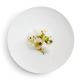 炙燒干貝˙蘿蔔薄切佐薑香奶油芹菜根泥醬Roasted Scallop, Celery root puree, Daikon sheet, Sauce made of brown butter, soy, nuts, and ginger