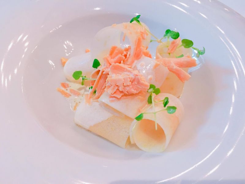 活龍蝦 青蘋果刨片 生鴨肝佐胡桃醬汁 lobster Granny Smith Apple Foie Gras Walnut Lemon Gel