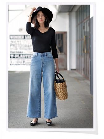 UNIQLO 女裝羅紋芭蕾領T恤 (7分袖)、UNIQLO 女裝高腰寬版牛仔褲、UNIQLO 女裝羊毛寬邊禮帽 ※其他配件為私物