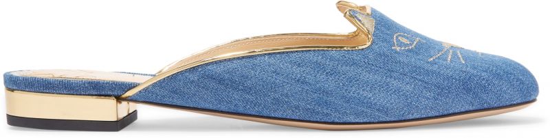 貓咪刺繡牛仔拖鞋,Charlotte Olympia @ Net-A-Porter。
