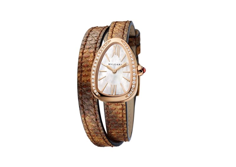 BVLGARI NEW SERPENTI 系列栗棕色水蛇皮玫瑰金腕錶,參考售價約NT$325,700
