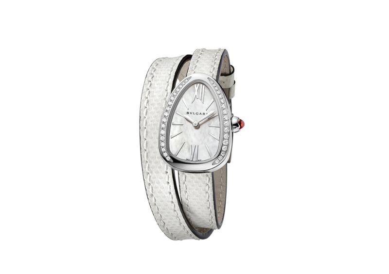 BVLGARI NEW SERPENTI 系列白色水蛇皮白金腕錶,參考售價約NT$209,500