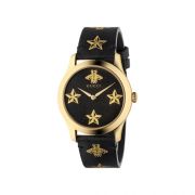 2018 G-Timeless 腕錶_新款 中碼38mm,金色蜜蜂和星星,金色PVD錶殼,黑色皮革錶帶,NT35,000。