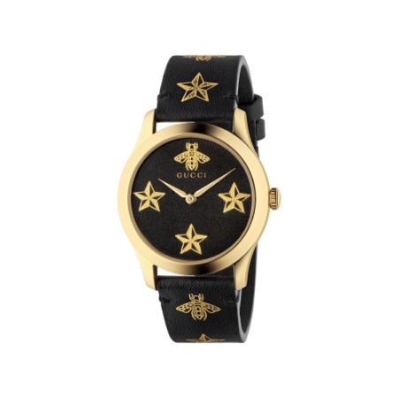 2018 G-Timeless 腕錶_新款 中碼38mm,金色蜜蜂和星星,金色PVD錶殼,黑色皮革錶帶,NT35,000。