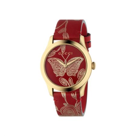 2018 G-Timeless 腕錶_新款 中碼38mm,金色蝴蝶及木槿花,金色PVD錶殼,後底蓋鐫刻貓咪圖案,紅色皮革錶帶,NT35,000。