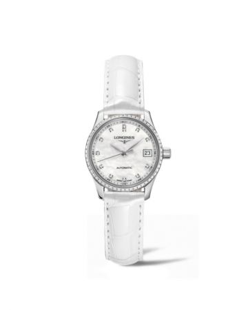Longines 浪琴表巨擘系列,珍珠母貝鑽圈白色鱷魚皮女性腕錶 (L2.128.0.87.3),建議售價NT128,600。