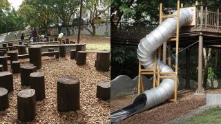 改建後的天母東和公園,擁有高低起伏的跳樁和高大的筒狀溜滑梯,不怕不好玩,就等爸媽帶孩子來挑戰