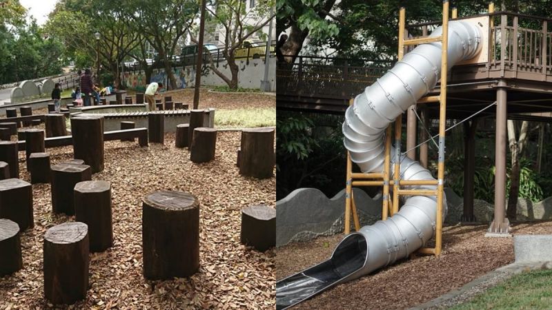 改建後的天母東和公園,擁有高低起伏的跳樁和高大的筒狀溜滑梯,不怕不好玩,就等爸媽帶孩子來挑戰