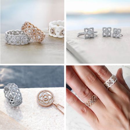 左上 Enchanted Lotus白K金鑽石戒環,NT237,000、玫瑰金鑽石戒環,NT237,000、Daylight白色陶瓷玫瑰金鑽石戒環,NT146,000右上 Enchanted Lotus白K金鑽石戒指NT95,000、白K金耳釘式鑽石耳環,NT68,000左下 Enchanted Lotus白K金鑽石戒環,NT237,000、玫瑰金白色珍珠母貝鑽石鍊墜NT88,000。右下 Enchanted Lotus玫瑰金鑽石戒環,NT237,000、Daylight白色陶瓷玫瑰金鑽石戒環,NT146,000