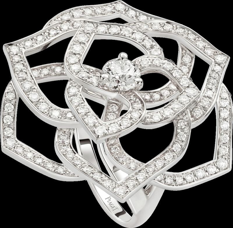 2018年新款Piaget Rose戒指18K白金鑲嵌143顆圓形美鑽 (約1.2克拉)G34UV754台幣參考價格400,000